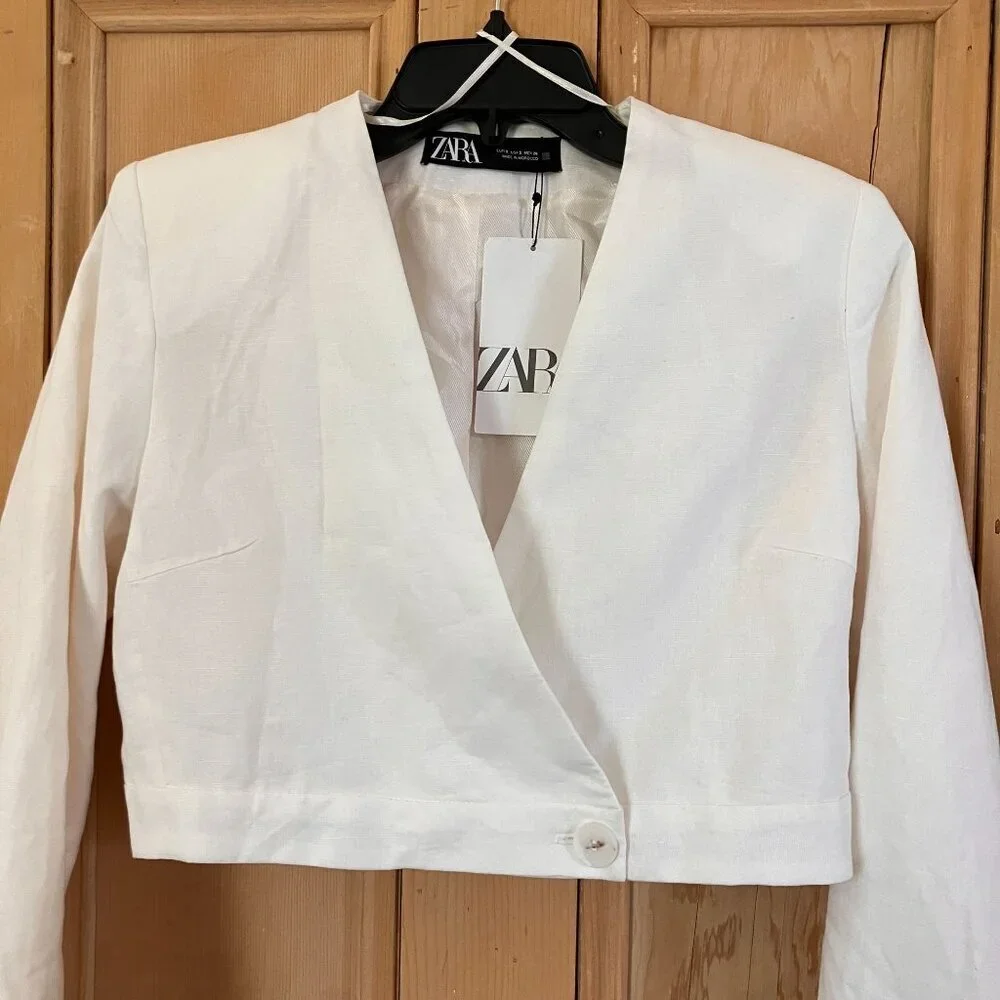 Zara Womens Linen Blend Cropped Single Button Blazer Jacket Small White SP NWT